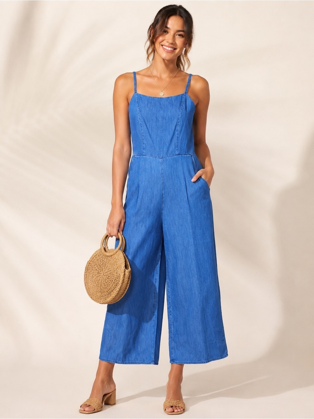 Old Navy Chambray Blue Wide Leg Jumpsuit Romper Small Tall Smocked Sleeveless